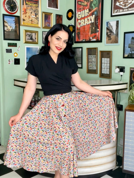 The "Beverly" Button Front Full Circle Skirt with Pockets in Tutti Frutti Print, Authentic 1950s Vintage Style - CC41, Goodwood Revival, Twinwood Festival, Viva Las Vegas Rockabilly Weekend Rock n Romance Rock n Romance