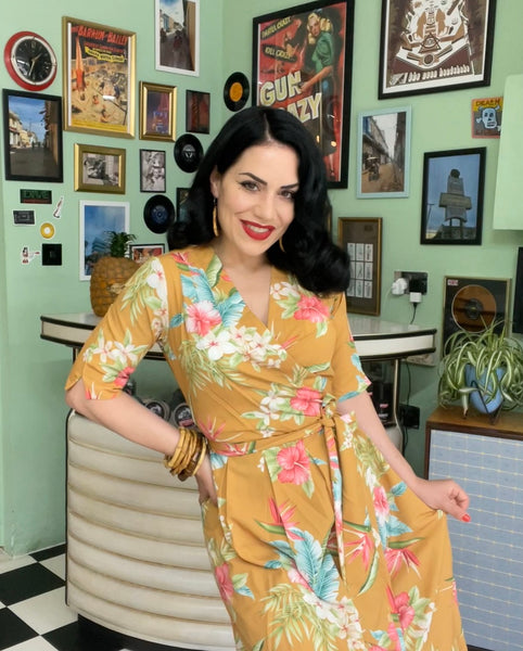 The "Vivien" Full Wrap Dress in Mustard Honolulu, True 1940s To Early 1950s Style