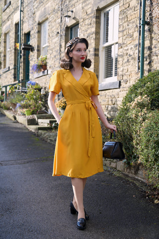 "Peggy" Wrap Dress in Mustard Yellow, Classic 1940s True Vintage Style By The Seamstress of Bloomsbury