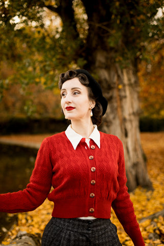 The "Sandra" Textured Diamond Knit Cardigan in Cherry Red, 1940s & 50s Vintage Style