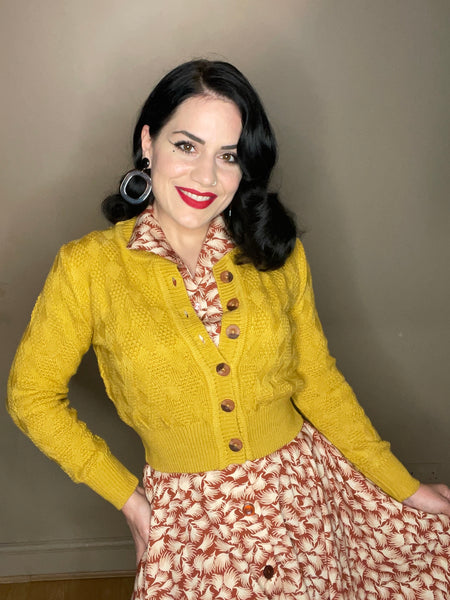 The "Sandra" Textured Diamond Knit Cardigan in Light Mustard, 1940s & 50s Vintage Style