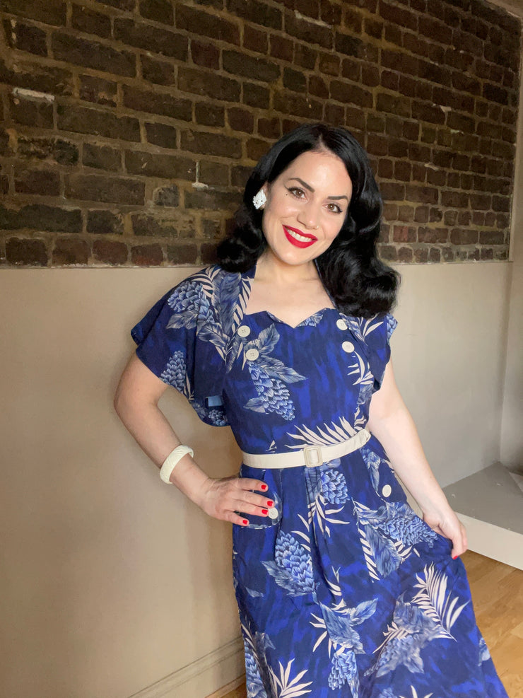 Retro Tiki Dress – Tropical, Hawaiian Dresses The Ayda 2pc Dress Detachable Shrug Bolero Set In Sapphire Palm True Vintage Style £59.95 AT vintagedancer.com