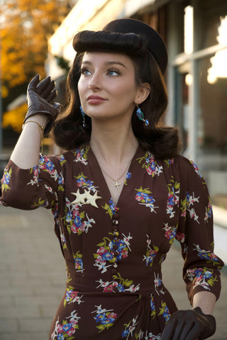 "Mabel" 3/4 Length Sleeve Waterfall Dress in Brown Floral Dancer, A Classic 1940s Inspired Vintage Style