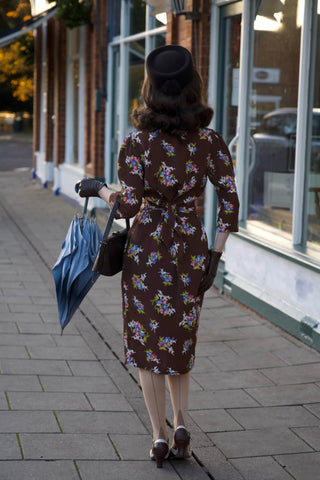 "Mabel" 3/4 Length Sleeve Waterfall Dress in Brown Floral Dancer, A Classic 1940s Inspired Vintage Style