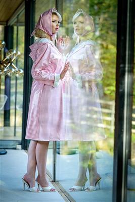 Authentic 1940s & 50s Style "Vintage Rain Mac & Headscarf/Bonnet" in Pink Gingham by Elements Rainwear