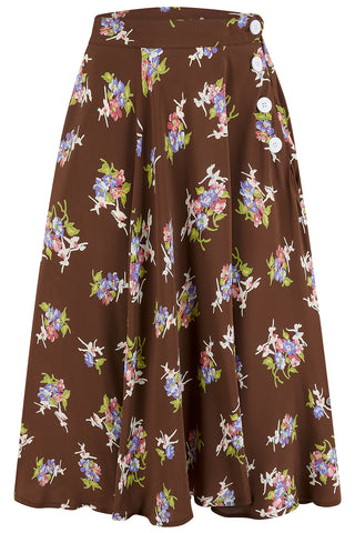 "Isabelle" Skirt in Brown Floral Dancer, Classic & Authentic 1940s Vintage Inspired Style