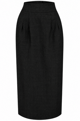 RnR "Luxe" Range, Tailoring Weight Fabric "Jitterbug" Pencil Skirt with Kick-Pleat in Black Slub Weave Viscose, Iconic 1940s Vintage Style
