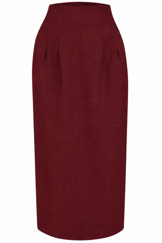 RnR "Luxe" Range, Tailoring Weight Fabric "Jitterbug" Pencil Skirt with Kick-Pleat in Burgundy Slub Weave Viscose, Iconic 1940s Vintage Style