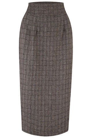 RnR "Luxe" Range "Jitterbug" Pencil Skirt with Kick-Pleat in Weave Check, 100% Wool, Iconic 1940s Vintage Style