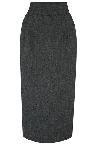 RnR "Luxe" Range "Jitterbug" Pencil Skirt with Kick-Pleat in Grey Slub, 100% Wool, Iconic 1940s Vintage Style