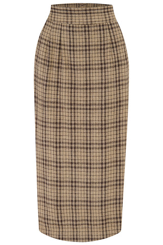RnR "Luxe" Range "Jitterbug" Pencil Skirt with Kick-Pleat in Brown Check 100% Wool, Iconic 1940s Vintage Style (Wool No.1)