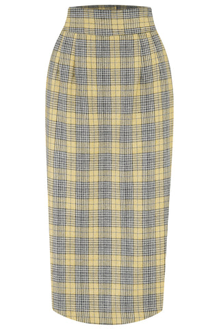 RnR "Luxe" Range "Jitterbug" Pencil Skirt with Kick-Pleat in Soft Yellow Tartan, 100% Wool, Iconic 1940s Vintage Style (Wool No.4)