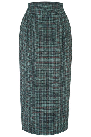 RnR "Luxe" Range "Jitterbug" Pencil Skirt with Kick-Pleat in Teal Grey Check, 100% Wool, Iconic 1940s Vintage Style (Wool No.5))