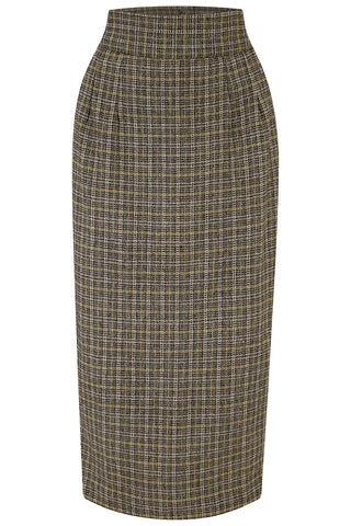 RnR "Luxe" Range "Jitterbug" Pencil Skirt with Kick-Pleat in Small Brown Check, 100% Wool, Iconic 1940s Vintage Style (Wool No.6))