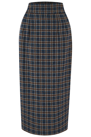 RnR "Luxe" Range "Jitterbug" Pencil Skirt with Kick-Pleat in Navy & Brown Check, 100% Wool, Iconic 1940s Vintage Style (Wool No.7)