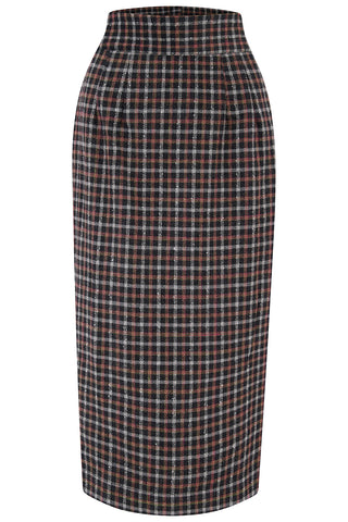 RnR "Luxe" Range "Jitterbug" Pencil Skirt with Kick-Pleat in Black & Red Small Check, 100% Wool, Iconic 1940s Vintage Style (Wool No.9)