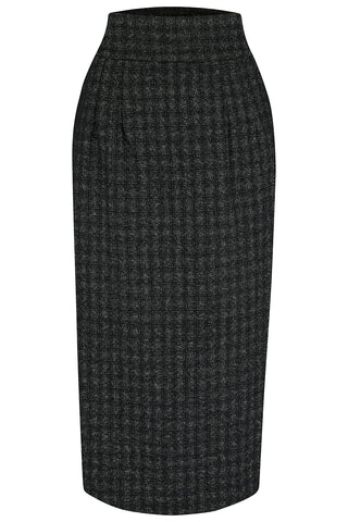 RnR "Luxe" Range "Jitterbug" Pencil Skirt with Kick-Pleat in Black Atomic Fleck Wool, Iconic 1950s Vintage Style