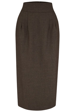 RnR "Luxe" Range "Jitterbug" Pencil Skirt with Kick-Pleat in Brown Viscose Slub Weave, Iconic 1940s Vintage Style