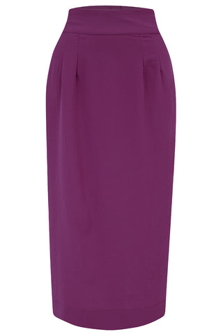 The "Jitterbug" Pencil Skirt with Kick-Pleat in Plum, Iconic 1950s Vintage Style