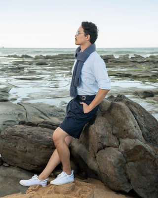 Mens Gurkha Buckle Shorts In Navy, Classic 1940s Inspired Style.
