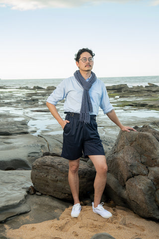 Mens Gurkha Buckle Shorts In Navy, Classic 1940s Inspired Style.