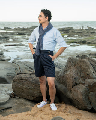 Mens Gurkha Buckle Shorts In Navy, Classic 1940s Inspired Style.