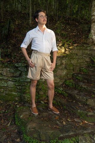 Mens Gurkha Buckle Shorts In Stone, Classic 1940s Inspired Style.