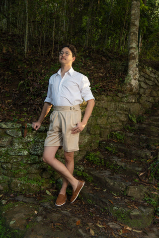 Mens Gurkha Buckle Shorts In Stone, Classic 1940s Inspired Style.