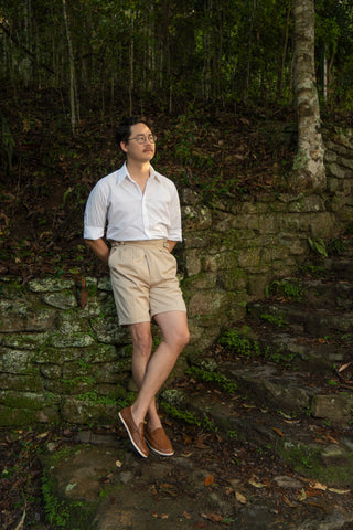 Mens Gurkha Buckle Shorts In Stone, Classic 1940s Inspired Style.