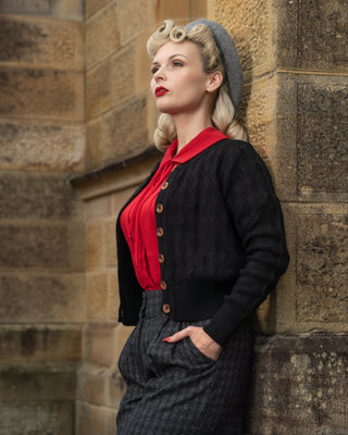 The "Sandra" Textured Diamond Knit Cardigan in Black, 1940s & 50s Vintage Style