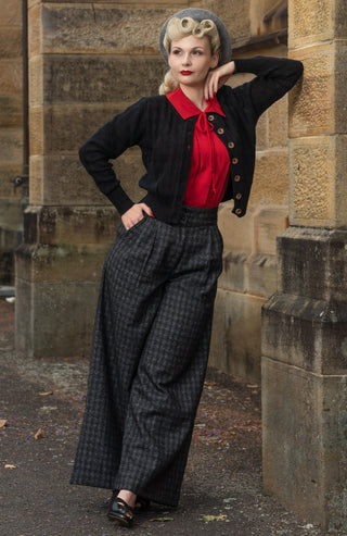 The "Sandra" Textured Diamond Knit Cardigan in Black, 1940s & 50s Vintage Style