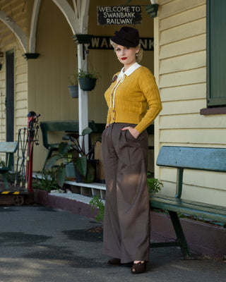 RnR "Luxe" Range.. The "Sophia" Palazzo Wide Leg Trousers in Brown Viscose Slub Weave .. Classic 1950s Style