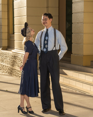 "Cindy" Dress in French Navy by The Seamstress Of Bloomsbury, Classic 1940s Vintage Inspired Style