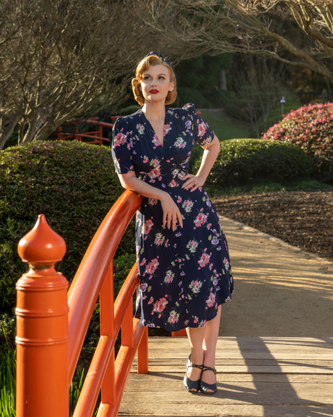 Ruby dress in Navy Mayflower Print Classic & Authentic 1940s Vintage Inspired Style By The Seamstress Of Bloomsbury