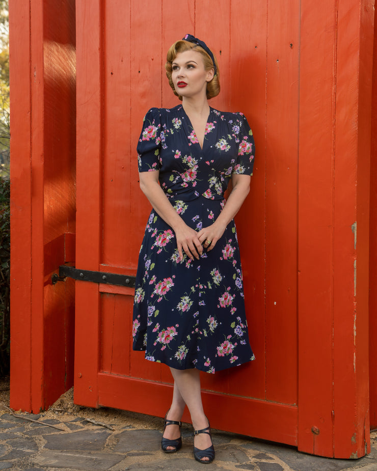 1940s Dresses | 40s Dress, Swing Dress, Tea Dresses Ruby dress in Navy Mayflower Print Classic  Authentic 1940s Vintage Inspired Style By The Seamstress Of Bloomsbury £79.95 AT vintagedancer.com