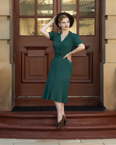 "Lisa" Shirt Dress in Hampton Green, Authentic 1940s Vintage Style at its Best