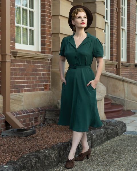 Hemdblusenkleid „Lisa“ in Hampton Green, authentischer Vintage-Stil der 1940er Jahre vom Feinsten