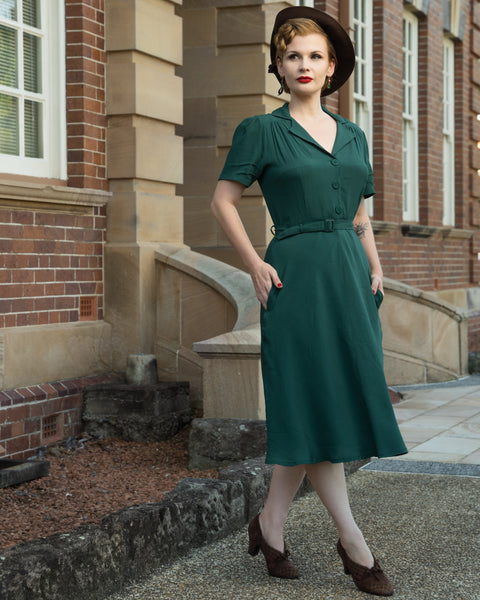 Robe chemise « Lisa » en vert Hampton, style vintage authentique des années 1940 à son meilleur