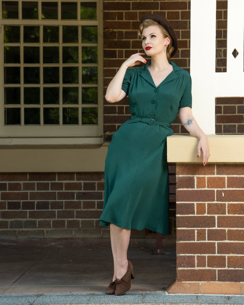 Robe chemise « Lisa » en vert Hampton, style vintage authentique des années 1940 à son meilleur