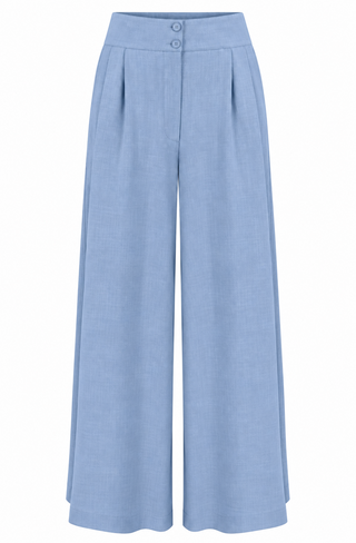RnR "Luxe" Range.. Tailoring Weight Fabric "Sophia" Palazzo Wide Leg Trousers in Light Blue Viscose Slub Weave .. Classic 1950s Style