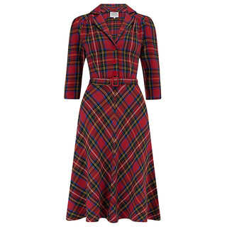 "Lisa" Shirt Dress with 3/4 Length Sleeves in Cotton Red Plaid Tartan , Authentic 1940s Vintage Tea Dress Style