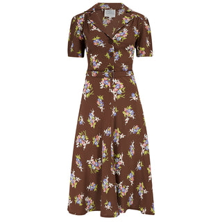 "Lisa" Shirt Dress in Brown Floral Dancer , Authentic 1940s Vintage Style Tea Dress at its Best By The Seamstress of Bloomsbury