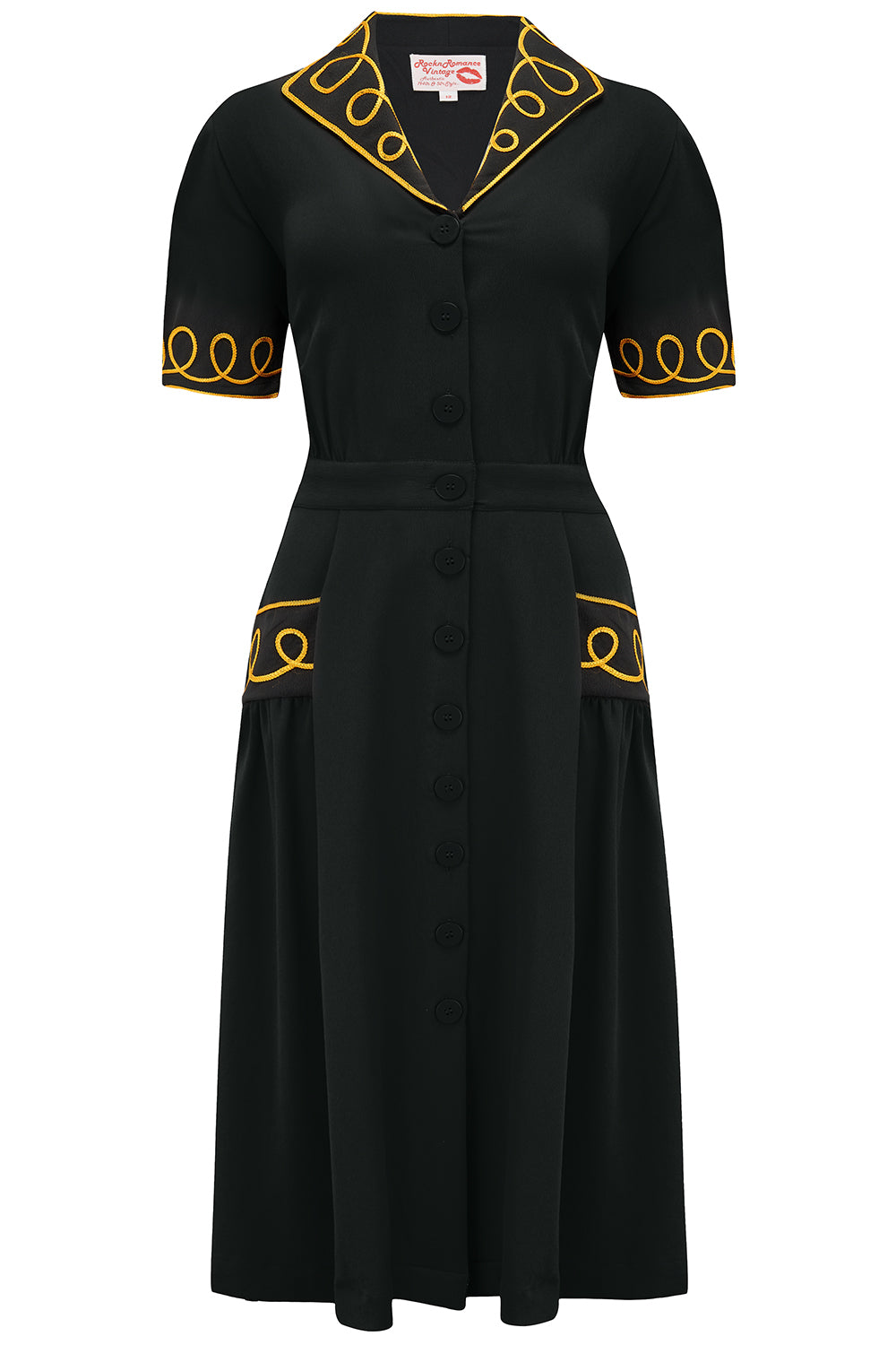 Das Hemdblusenkleid „Loopy-Lou“ in Schwarz mit kontrastierendem goldenen RicRac, echter Vintage-Stil der 1950er Jahre