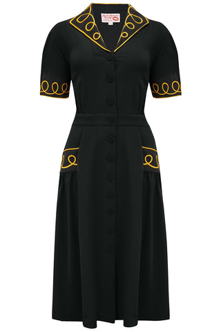 The "Loopy-Lou" Shirtwaister Dress in Black with Contrast Gold RicRac, True 1950s Vintage Style