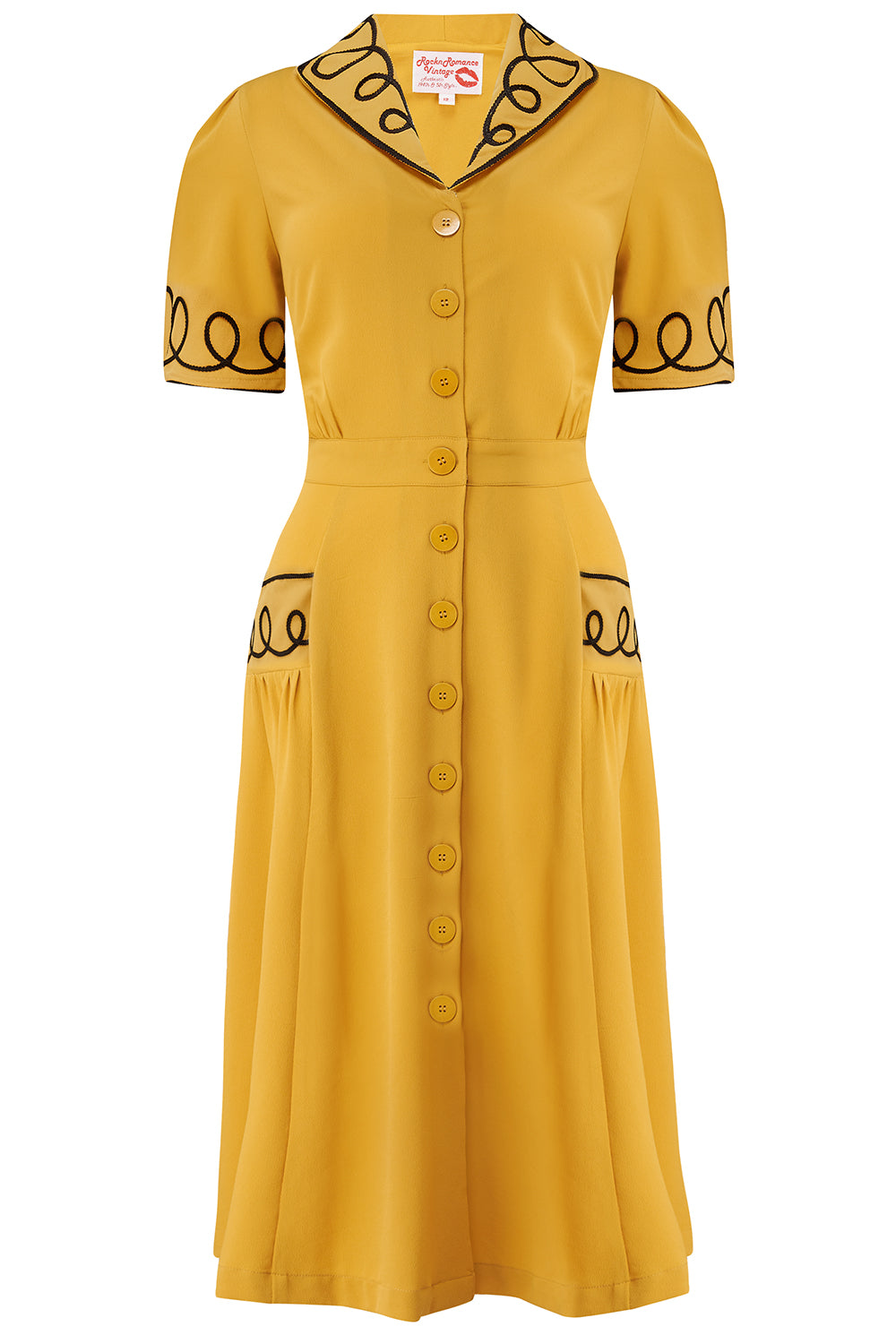 The "Loopy-Lou" Shirtwaister Dress in Mustard with Contrast Black RicRac, True 1950s Vintage Style