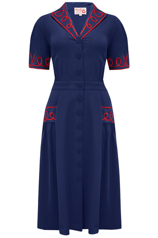 The "Loopy-Lou" Shirtwaister Dress in Navy with Contrast Red RicRac, True 1950s Vintage Style