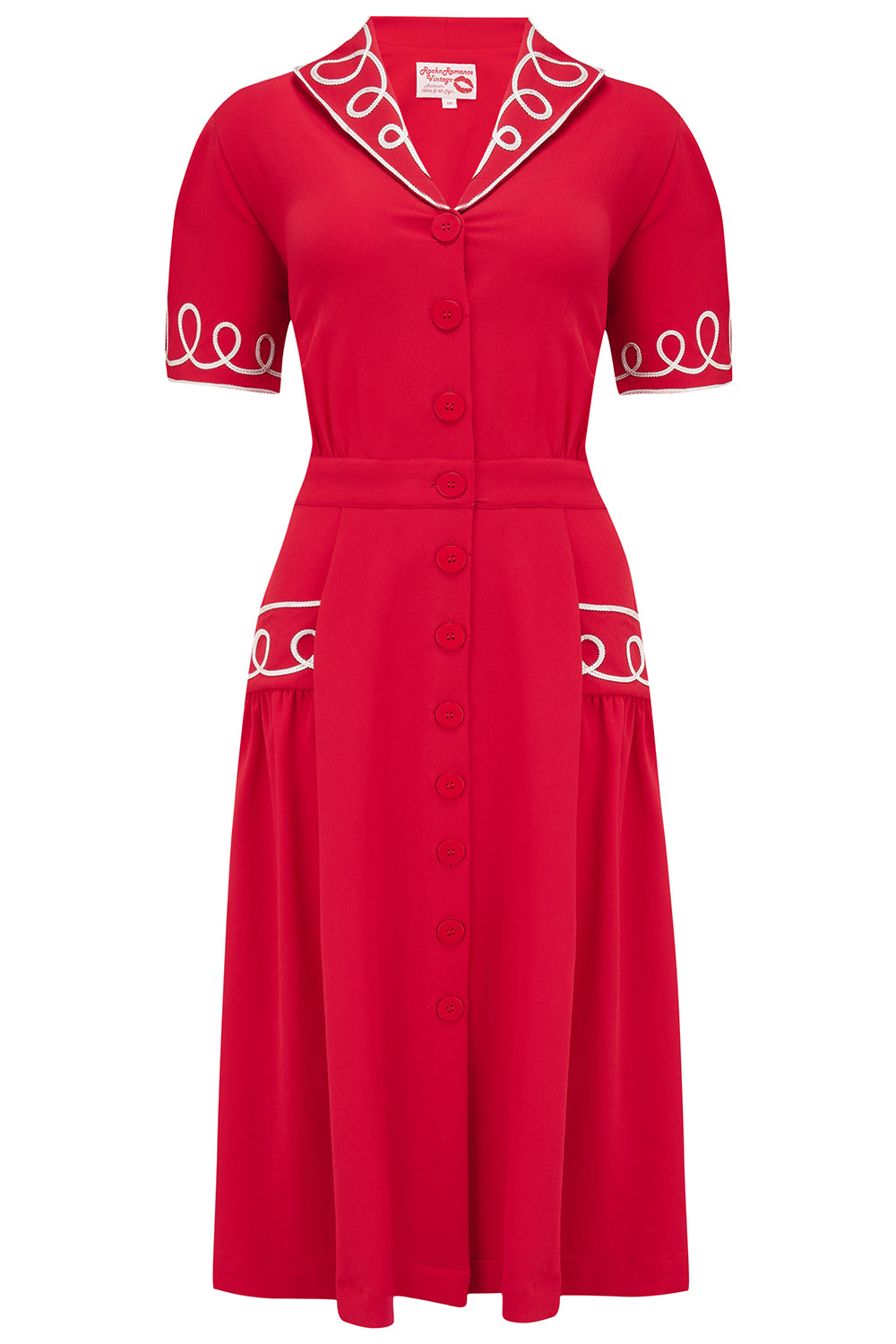 Das Hemdblusenkleid „Loopy-Lou“ in Rot mit kontrastierendem RicRac, echter Vintage-Stil der 1950er Jahre