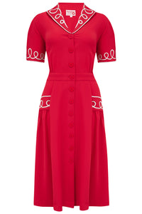 The "Loopy-Lou" Shirtwaister Dress in Red with Contrast RicRac, True 1950s Vintage Style