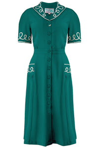 The "Loopy-Lou" Shirtwaister Dress in Teal with Contrast RicRac, True 1950s Vintage Style