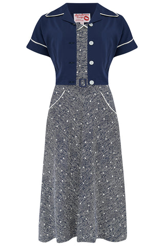 The "Lucille" 2pc Sweetheart Dress & Bolero Set In Navy Ditzy, True Late 1940s - Early 50s Vintage Style